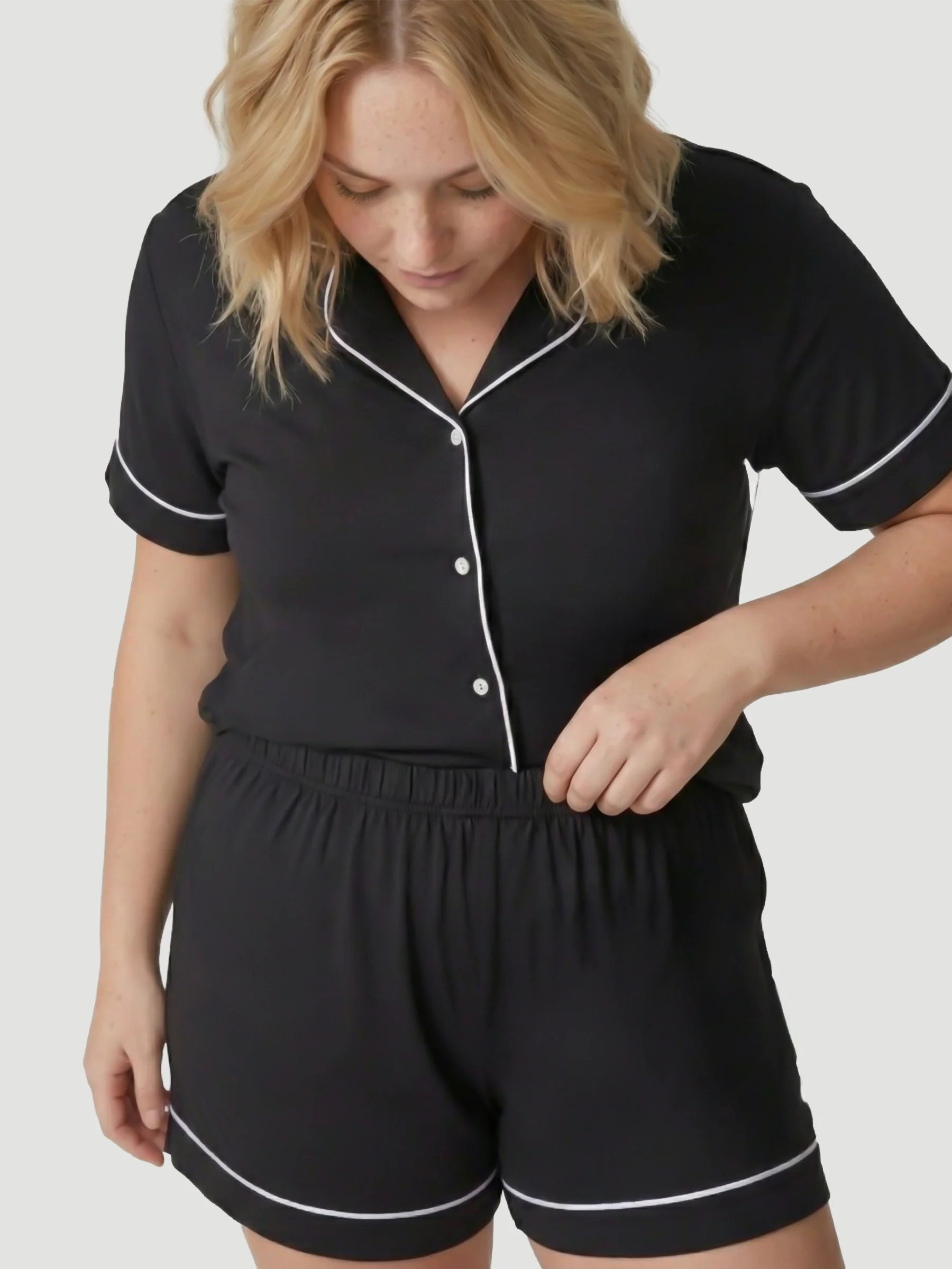 Black Oversized Jersey Piping Detail Short PJ Set - Image 3