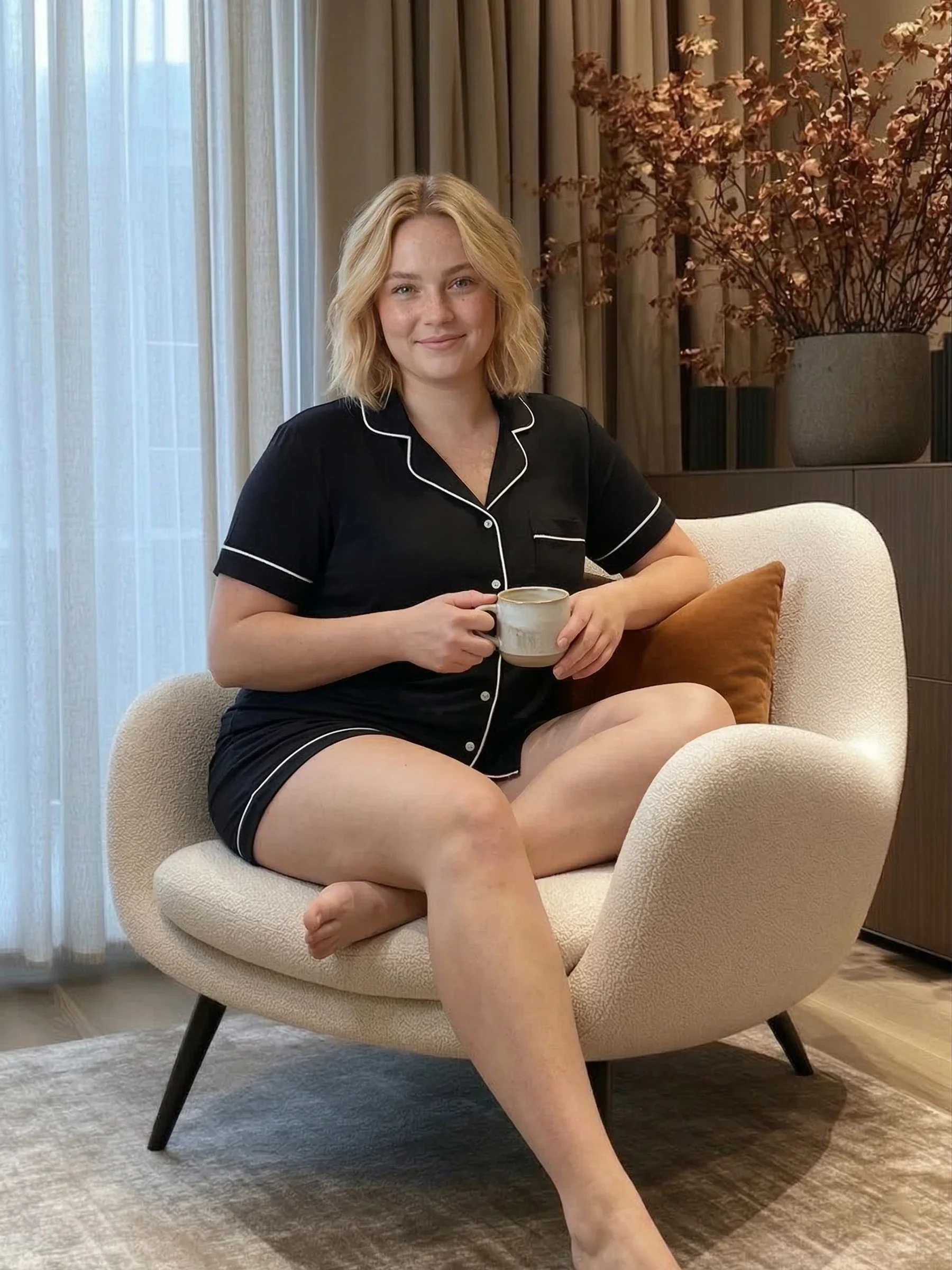 Black Oversized Jersey Piping Detail Short PJ Set - Image 8