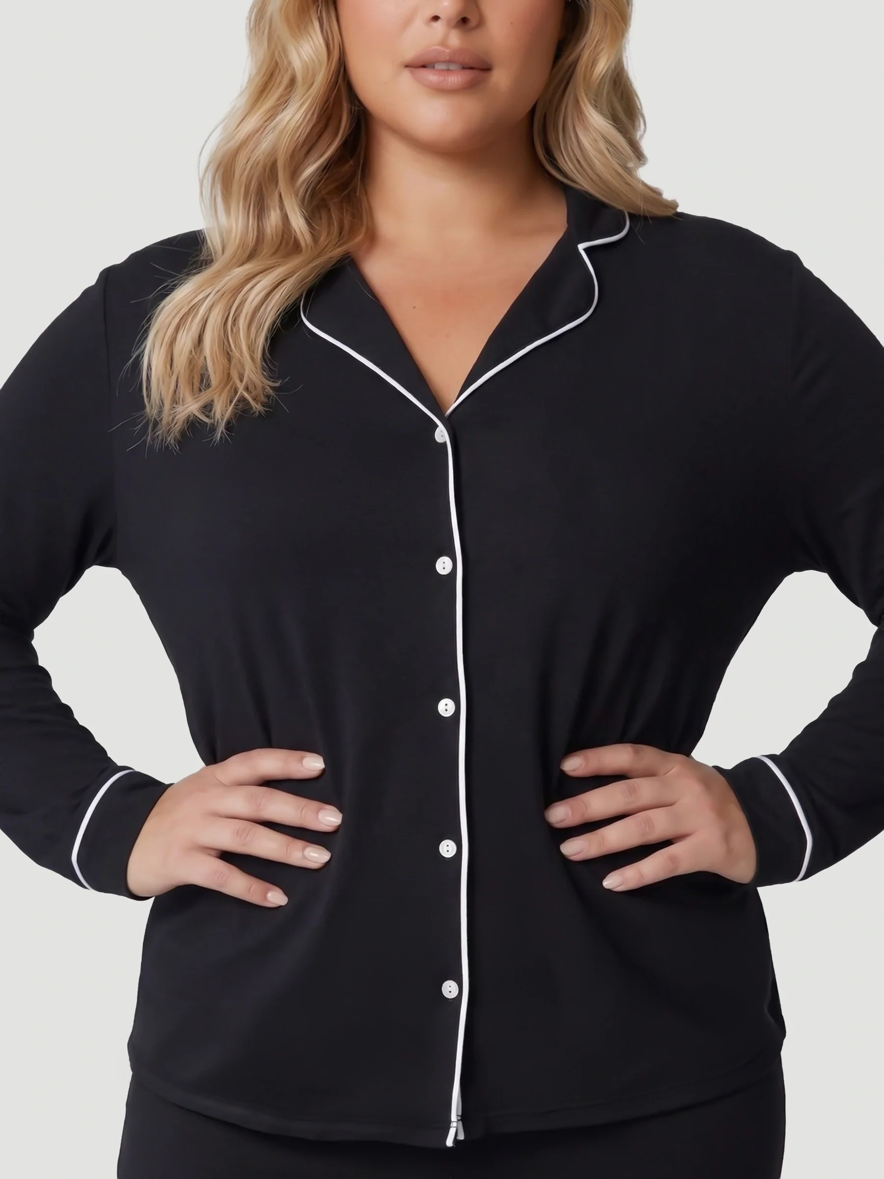 Black Oversized Jersey Piping Detail Long PJ Set - Image 3