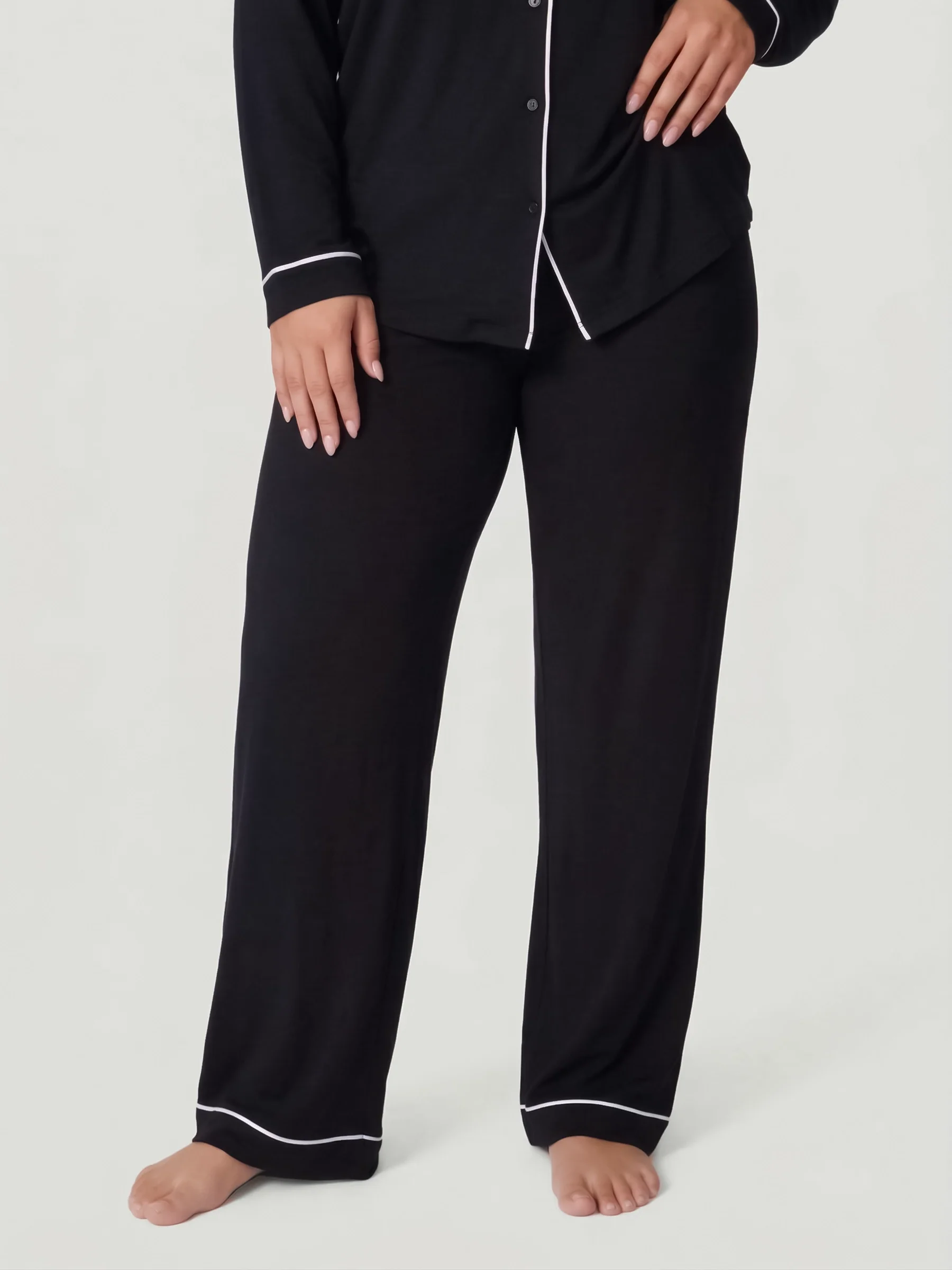 Black Oversized Jersey Piping Detail Long PJ Set - Image 5