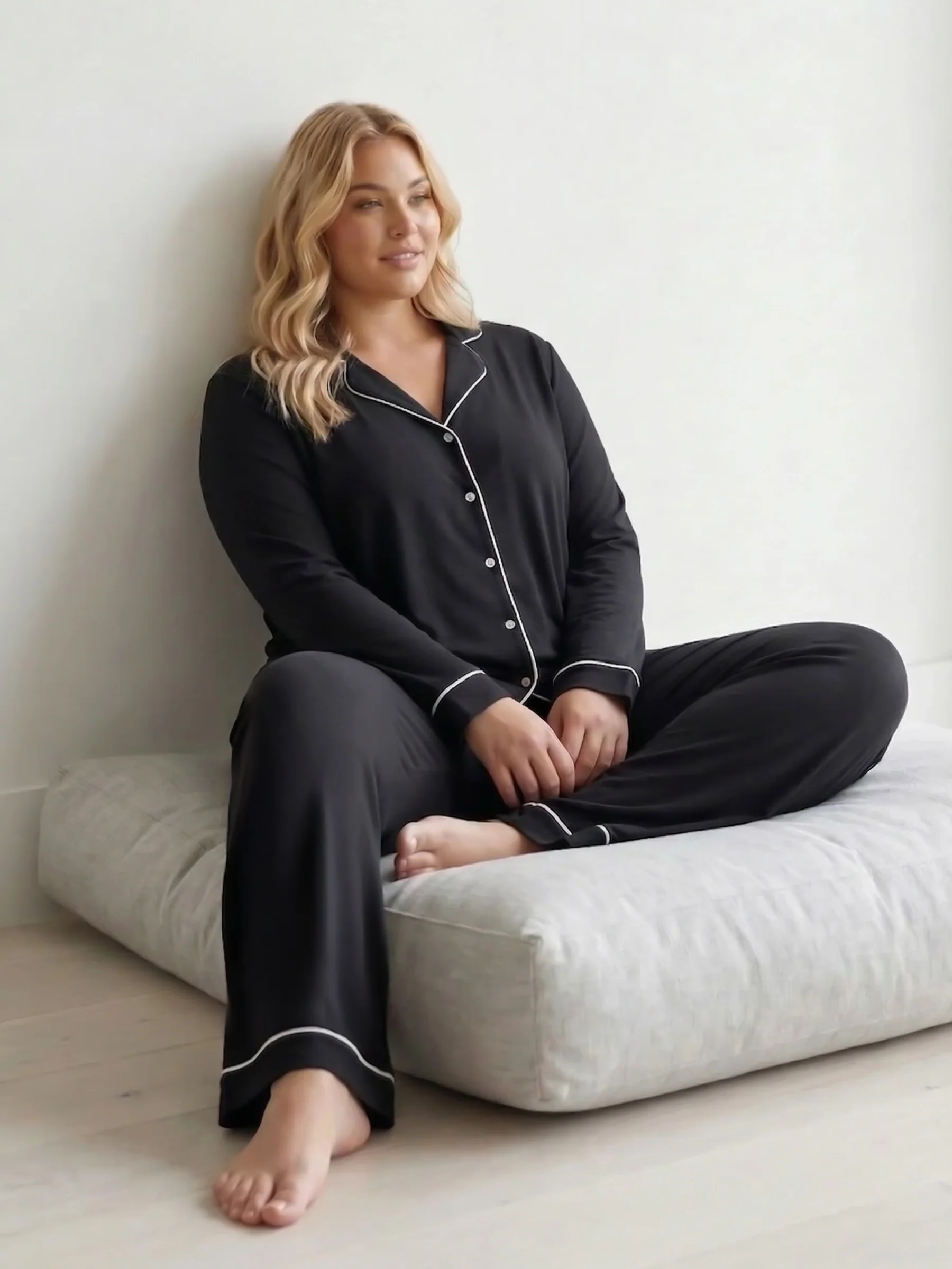 Black Oversized Jersey Piping Detail Long PJ Set - Image 7